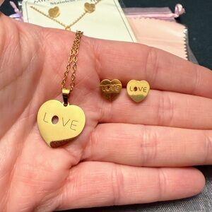 Mint Gold Heart Necklace and Earrings Set